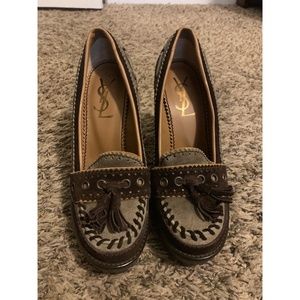 YSL Tan Suede Tassel Loafer Moccasin Heels